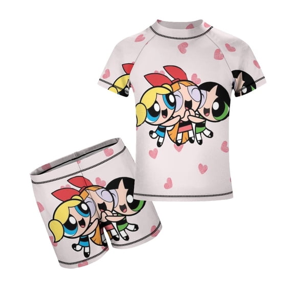 The Powerpuff Girls Boys 2-Piece Swimsuit Set Bathing Suit Short Sleeve Swimwear Sets with Swim Trunk 9-11Y(140cm)