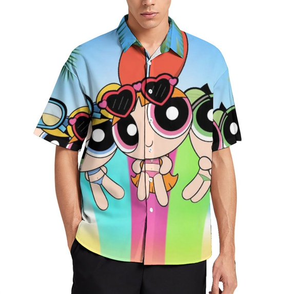 The Powerpuff Girls Casual Short Sleeve Shirt Lapel Collar Shirt Summer Beach Shirt 2XL