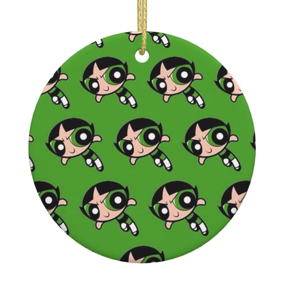 The Powerpuff Girls Christmas Ceramic Round Ornaments Print Decorative Hanging Ornaments For Xmas Tree Holiday Party Decoration 1 Pcs