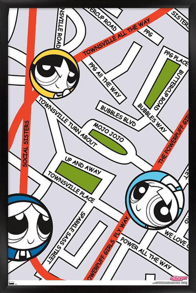 The Powerpuff Girls - Group Map Wall Poster, 14.725" x 22.375", Framed