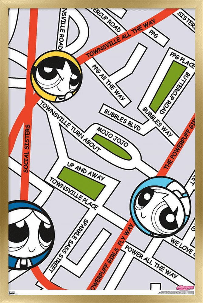 The Powerpuff Girls - Group Map Wall Poster, 14.725" x 22.375", Framed