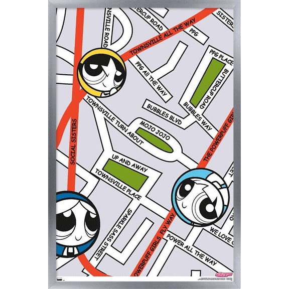 The Powerpuff Girls - Group Map Wall Poster, 22.375" x 34", Framed