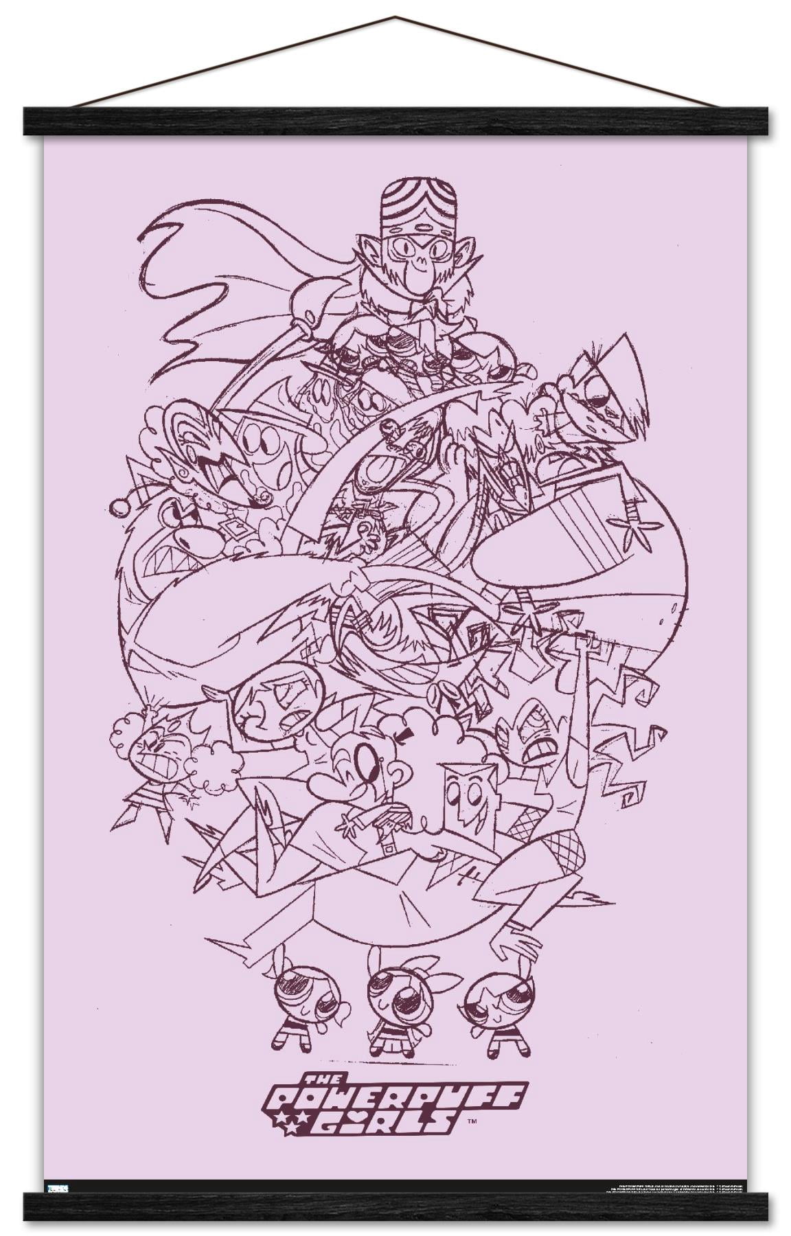 The Powerpuff Girls - Group Sketch Wall Poster with Wooden Magnetic Frame, 22.375" x 34"