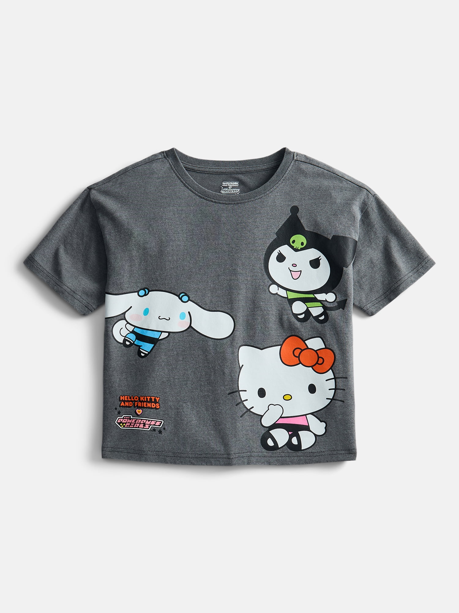 The Powerpuff Girls x Hello Kitty and Friends Girl’s Boxy Mineral Washed Graphic Crewneck Tee with Short Sleeves, Sizes 4-16