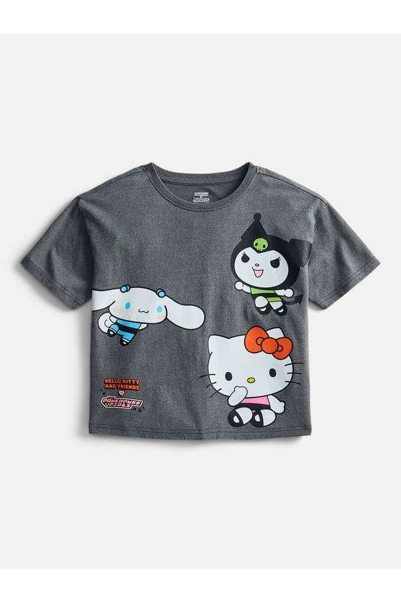 The Powerpuff Girls x Hello Kitty and Friends Girl’s Boxy Mineral Washed Graphic Crewneck Tee with Short Sleeves, Sizes 4-16