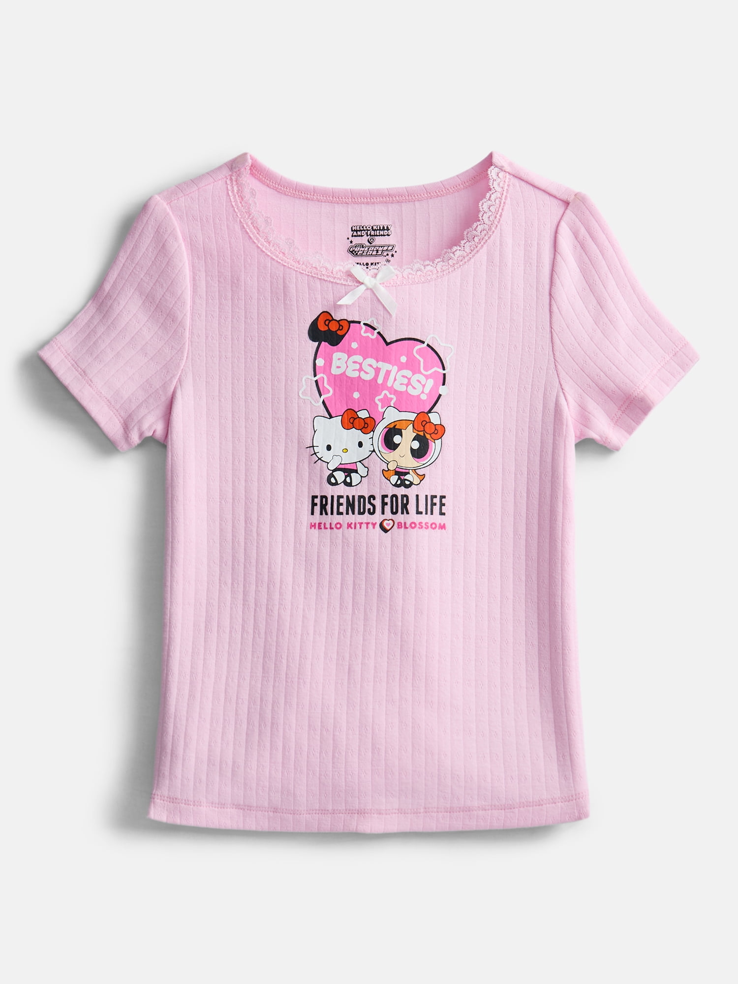 The Powerpuff Girls x Hello Kitty Besties for Life Girl’s Graphic Pointelle Knit Crewneck Tee with Short Sleeves, Sizes 4-16
