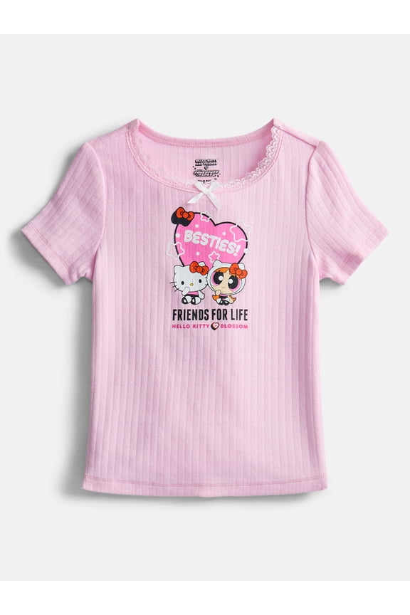 The Powerpuff Girls x Hello Kitty Besties for Life Girl’s Graphic Pointelle Knit Crewneck Tee with Short Sleeves, Sizes 4-16