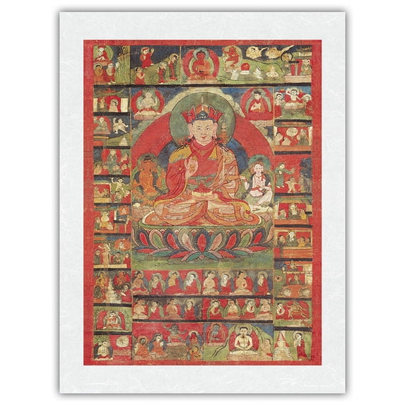 The Precious Guru Padmasambhava - Vintage Tibetan Thangka Buddhist Painting - Japanese Unryu Rice Paper Art Print (Unframed) 18 x 24 in