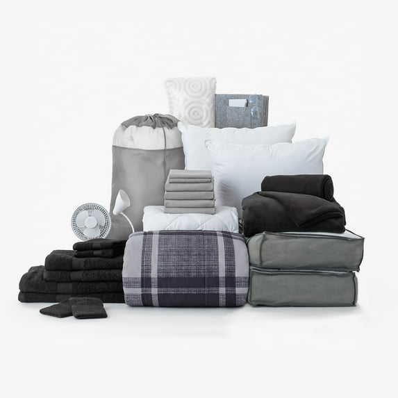 The Premium Dorm Essentials Value Pack in Wonderland Gray, 27-Piece College Dorm Bedding Twin XL Comforter Set Including Bonus Mattress Topper, 2 Pillows, Storage and 100% Cotton Towel Sets, by Dawn