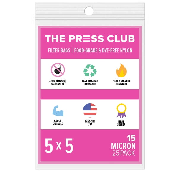The Press Club 15 Micron Premium Nylon Tea Filter Press Screen Bags, 5" x 5" Inch, 25 Pack