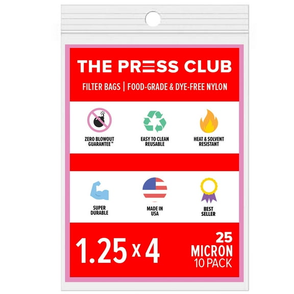 The Press Club 25 Micron Premium Nylon Tea Filter Press Screen Bags, 1.25" x 4" Inch, 10 Pack