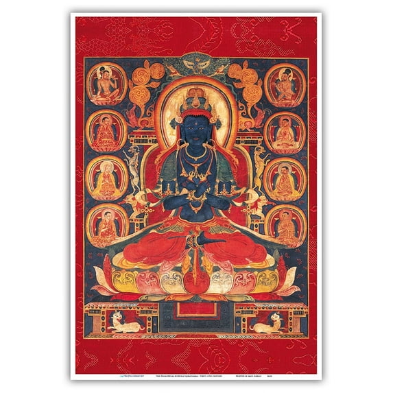 The Primordial Buddha Vajradhara - Vintage Tibetan Thangka Buddhist Painting - Tibet, 15th Century - Master Art Print (Unframed) 13in x 19in