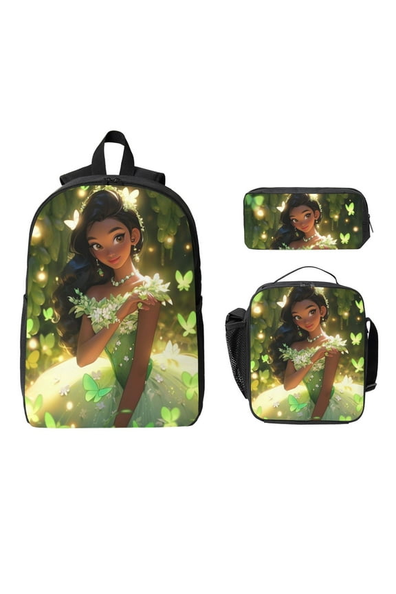 The Princess And The Frog Princess Tiana 17" 3-Piece Backpacks Sets with Lunch Bag and Pencil Case for Work Office Travel