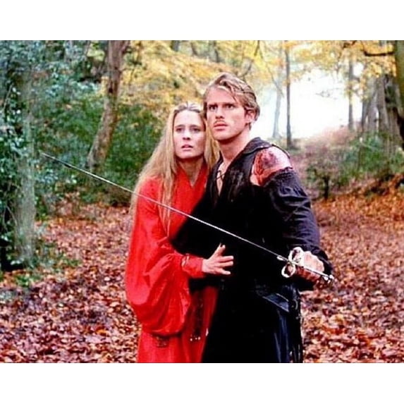 The Princess Bride Cary Elwes defends Robin Wright by sword in forest 8x10 photo