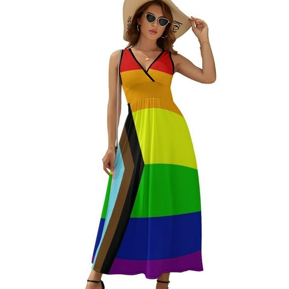 The Progress Pride Flag All The Colours of The Rainbow Womens Night Club Maxi Dress V Neck Sleeveless Bohemia Long Dresses