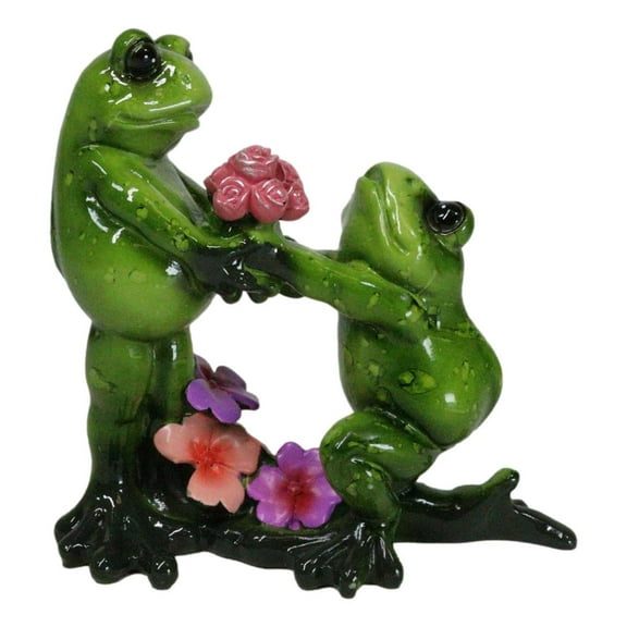 The Proposal Green Toad Frog Kneeling Before Mate with Bouquet of Roses Figurine