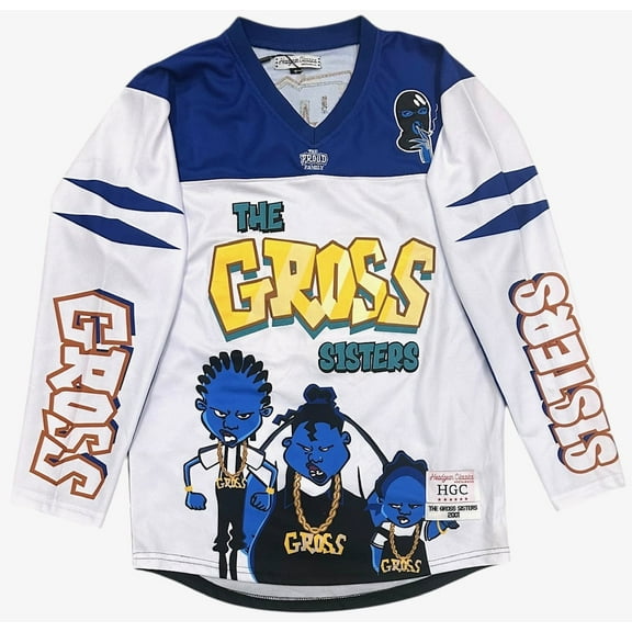 The Proud Family Gross Sisters Men's Headgear Classics Embroidered Hockey Jersey (Small, White/Blue)