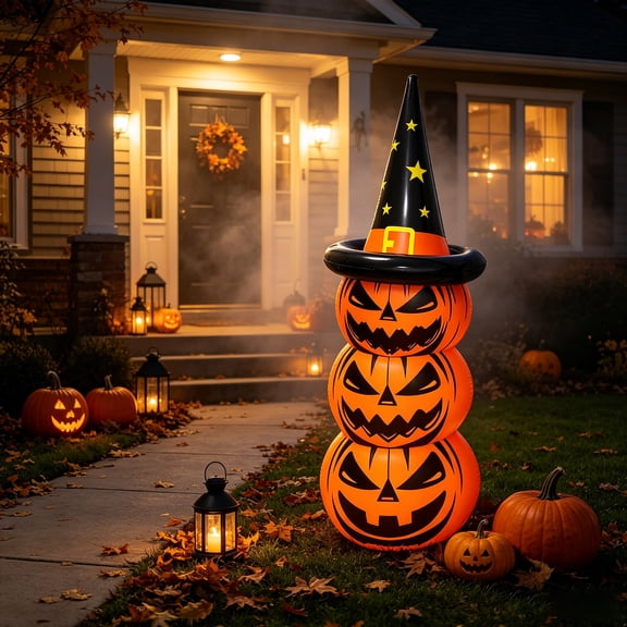 The Pumpkin Tower That Watches Over Halloween Night: 5.5 FT Stacked Inflatable with Witch Hat & LED Glow for Yard, Lawn, Porch