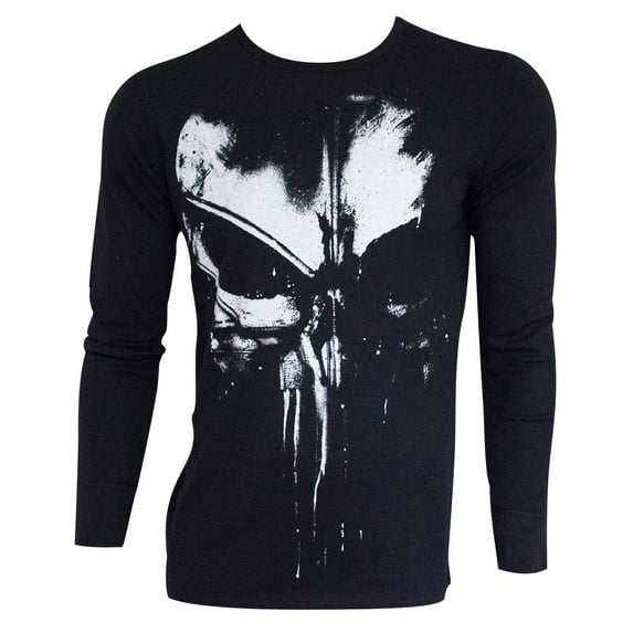 The Punisher Men's Black Distressed Logo Long Sleeve Thermal Shirt-Large