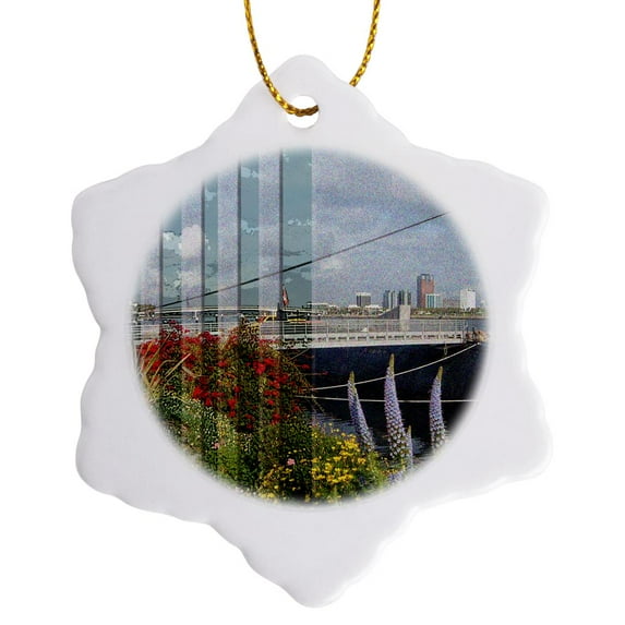 3drose, the Queen Mary in California with Flowers in Front and the Water with Edges and Beveled, 3 inch Snowflake Porcelain Ornament