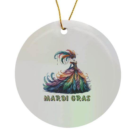 3drose, the Queen of Mardi Gras Carnival in Fantasy Feather Dress Artsy Gift, Circle Porcelain Ornament