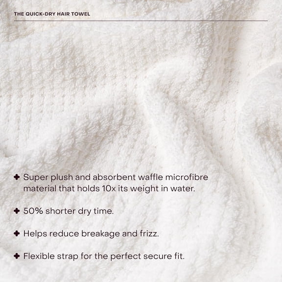 The Quick-Dry Hair Towel, Microfiber, 50% Shorter Dry Time, Reduce Hair Breakage, Flexible Strap for Secure Fit, 1 Each