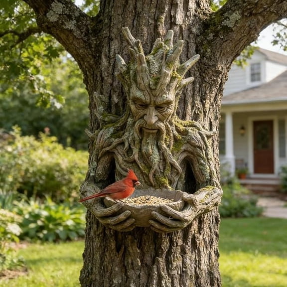 The Quiet Offering Tree Elves Bird Feeder, Funny Hanging Sculpture, Keyhole Hanger, Weather Resistant Resin Statue, Gift for Nature Lovers