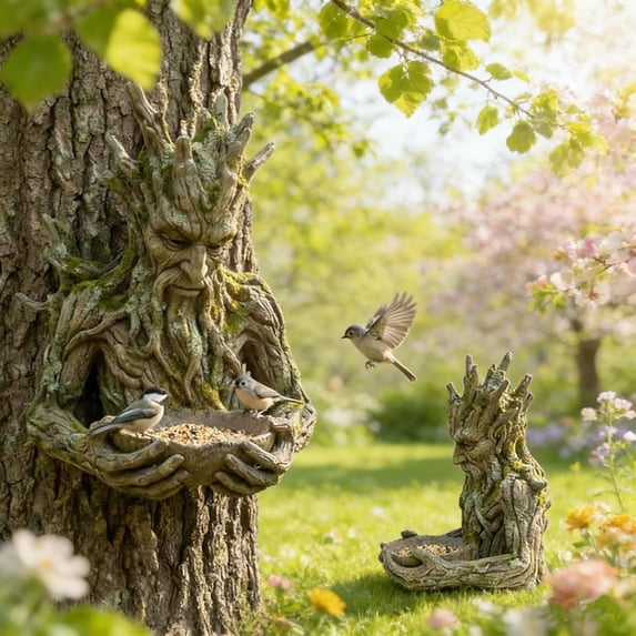 The Quiet Offering Tree Elves Bird Feeder, Waterproof Resin Statue, Keyhole Hanger, Tree & Wall Decor, Perfect Gift for Birdwatchers