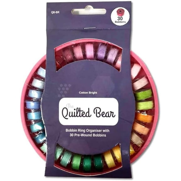The Quilted Bear Bobbin Ring Organiser with 30 Pre-Wound Bobbins (Bright Threads)