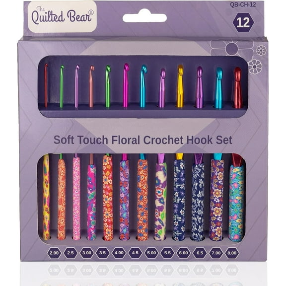 The Quilted Bear Floral Ergonomic Polymer Crochet Hook Set with Aluminum Hooks, Assorted 12 Piece