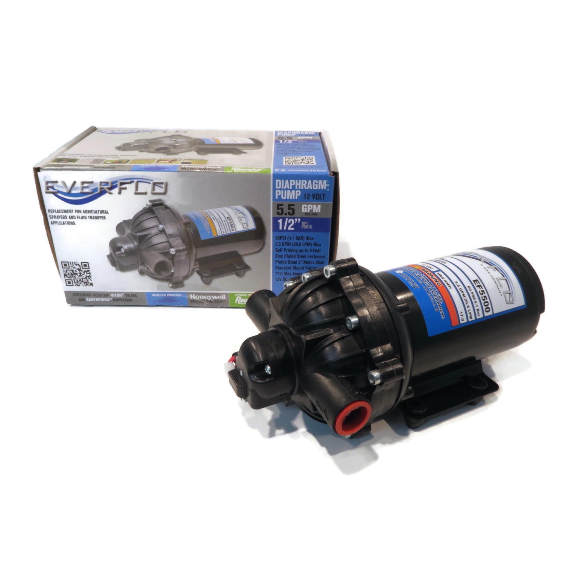 Everflo 12V Black Polypropylene Diaphragm Pump with 1/2 FNPT Connection