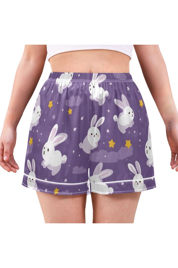 The Rabbit on The Cloud Women's Pajama Shorts Silky Satin Casual Lounge Sleep Zero Pressure