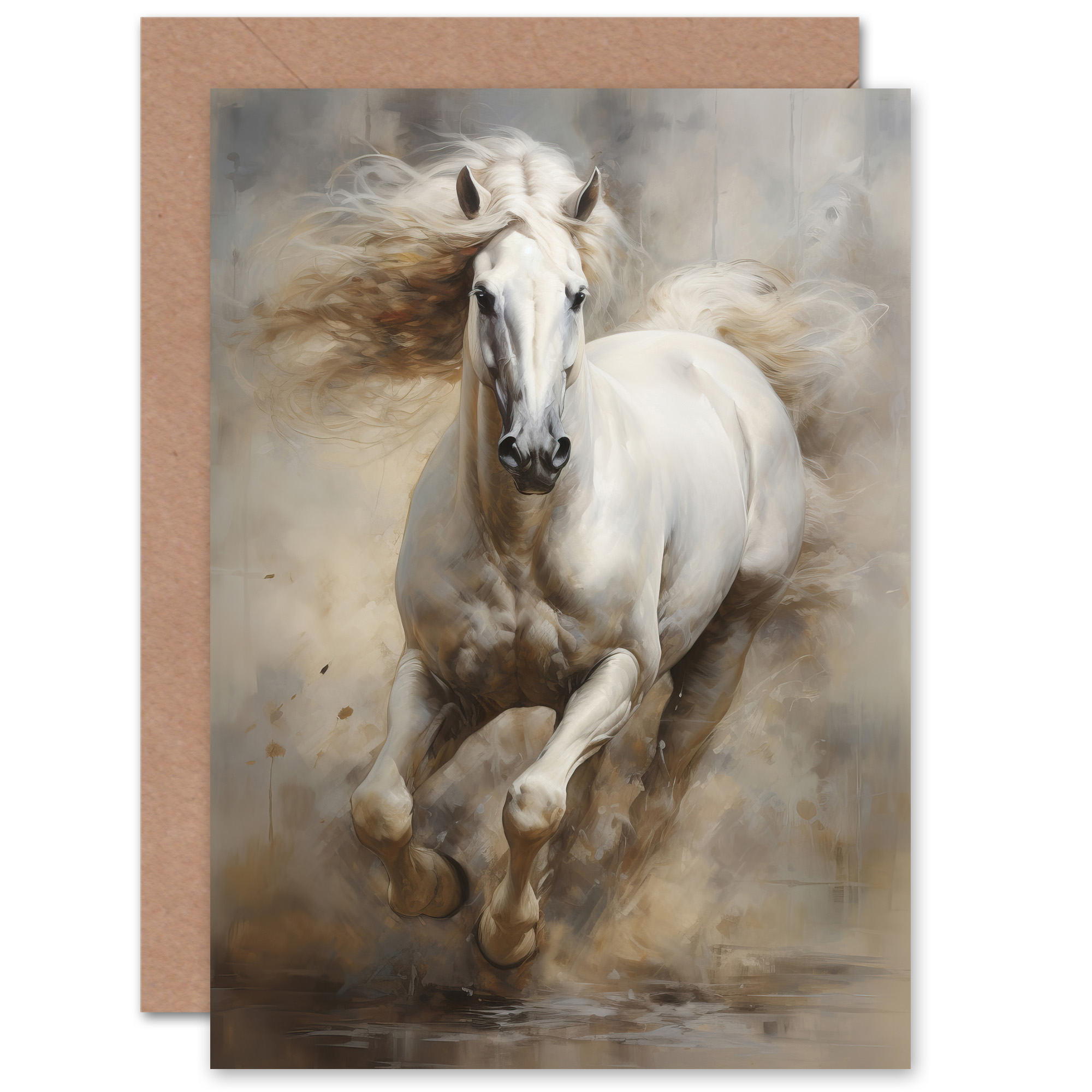 Artery8 Biglietto D'Auguri Art Gallery - Cavallo Bianco Al Galoppo, 17,5x12,5 Cm, Bianco Interno, Con Busta Premium