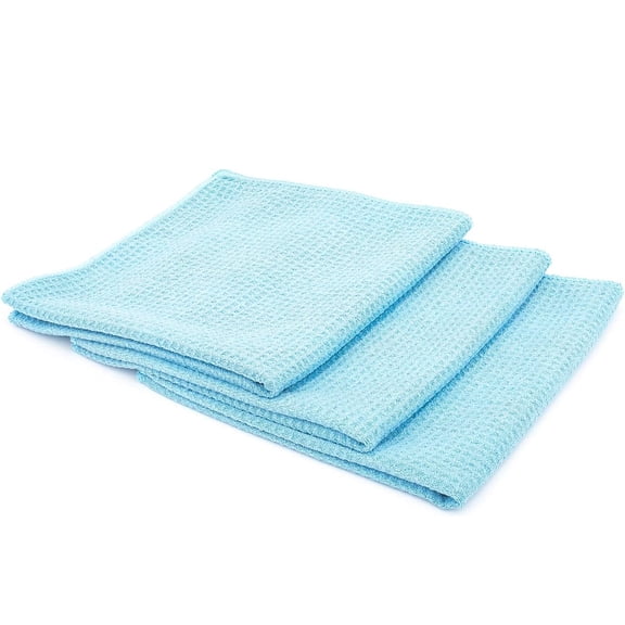 The Rag Company - Standard Waffle Weave - Microfiber Towels For Cars - 370gsm, 16in x 16in, Light Blue (3 Pack)