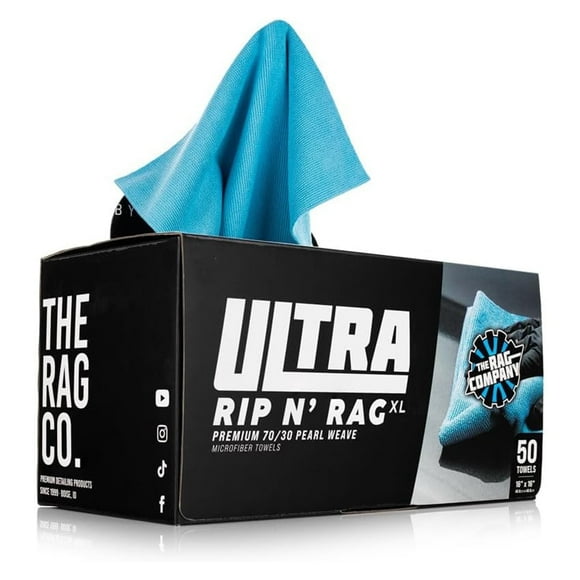 The Rag Company - Ultra Rip N' Rag XL Premium Reusable Pearl-Weave Microfiber Cleaning Cloth - 16in x 16in - 50 Count - Blue
