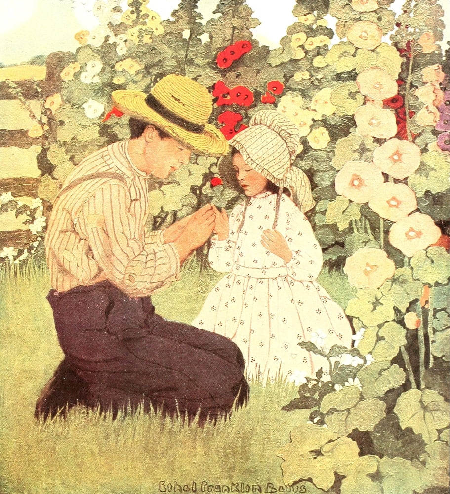 The Raggedy Man 1907 Amongst the hollyhocks Canvas Art - Ethel Franklin Betts (18 x 24)
