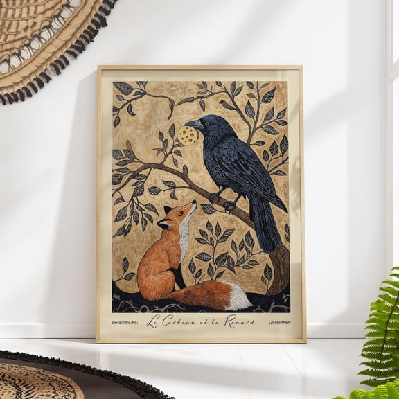 The Raven and the Fox Art La Fontaine Fable Vintage Animal Decor, Unframed Paper Poster 8x10in