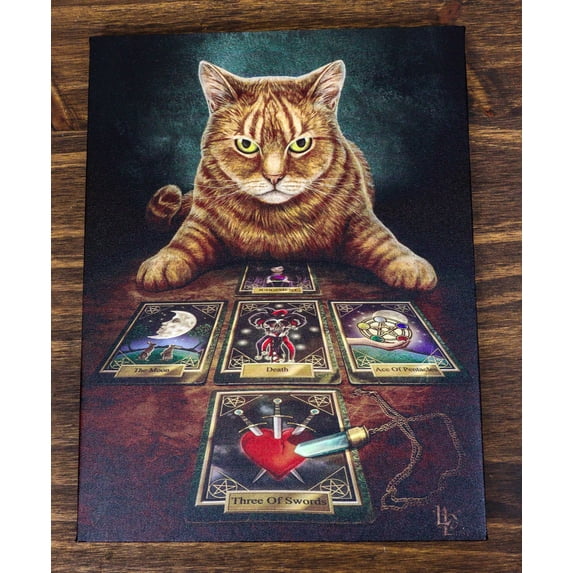 The Reader Fortune Teller Witching Cat With Tarots Wood Framed Canvas Wall Decor