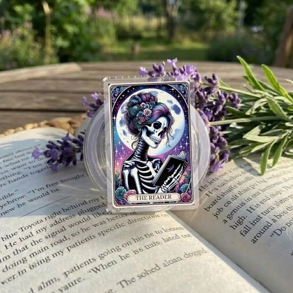 The Reader Phone Grip  Skeleton with Book and Moon Design, Kawaii Phone Holder for Book Lovers & Fantasy Enthusiasts, Gift for bookworm