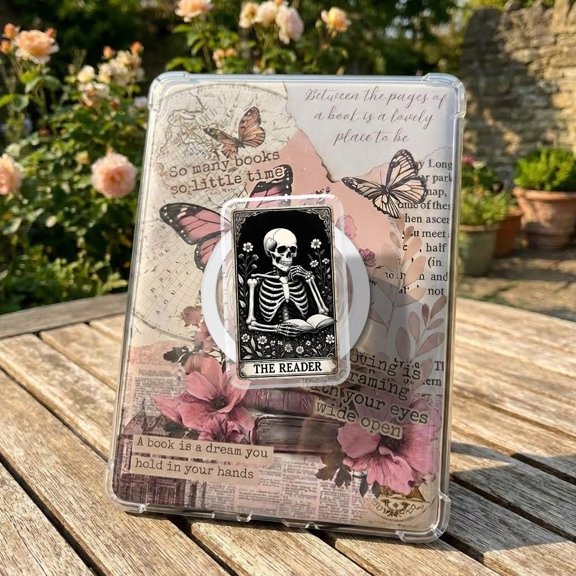 The Reader Phone, Skeleton With Book And Moon, Gothic For Book Lovers Phone Grip, Book Lover Phone Holder, E-Reader Accessory