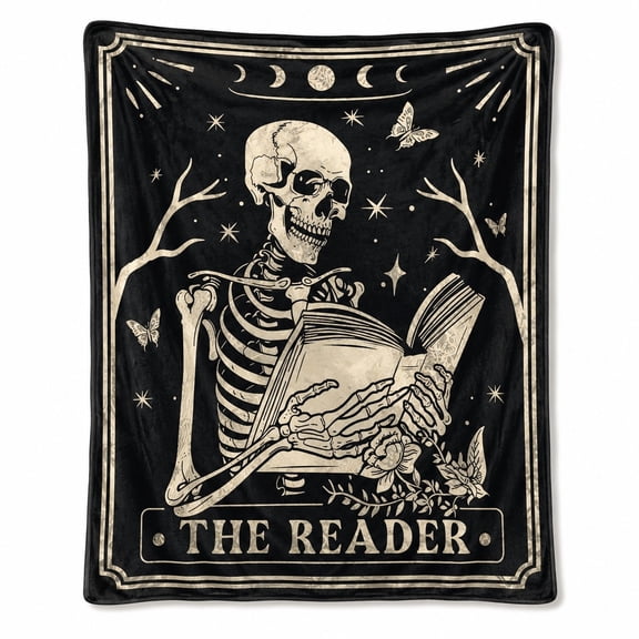 The Reader Skeleton Tarot Fleece Blanket – Gothic Book Lover Throw, Soft 280GSM, 4 Sizes
