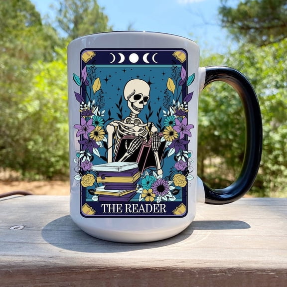 The Reader Tarot Card Coffee Mug- Occult Tarot Card Coffee Mug- Witchy Mug- Skeleton Tarot Mug