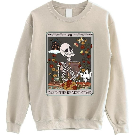 The Reader Tarot Card Sweatshirt - Reading Skeleton Witchy Sweater For Librarian, Book Lovers