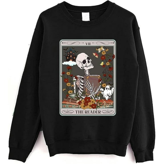 The Reader Tarot Card Sweatshirt - Reading Skeleton Witchy Sweater For Librarian, Book Lovers