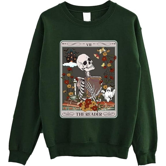 The Reader Tarot Card Sweatshirt - Reading Skeleton Witchy Sweater For Librarian, Book Lovers