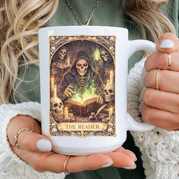 The Reader Tarot Mug - Skeleton Reading Tarot Card Coffee Cup, Gothic Spiritual Book Lover Gift