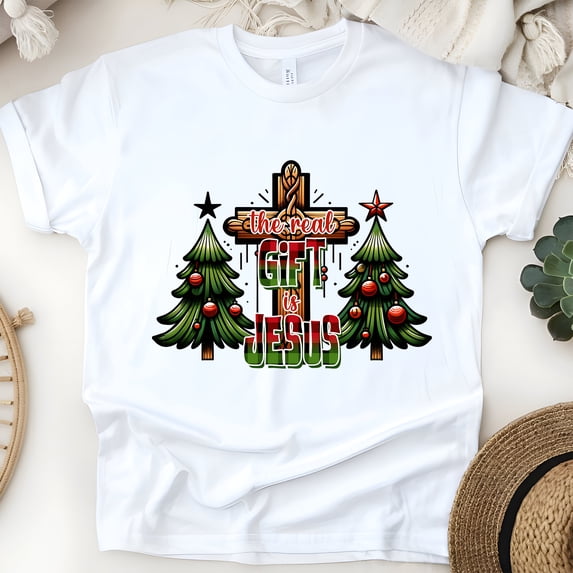 The Real Gift is Jesus Graphic T-Shirt with Cross and Trees, White, Size 2XL