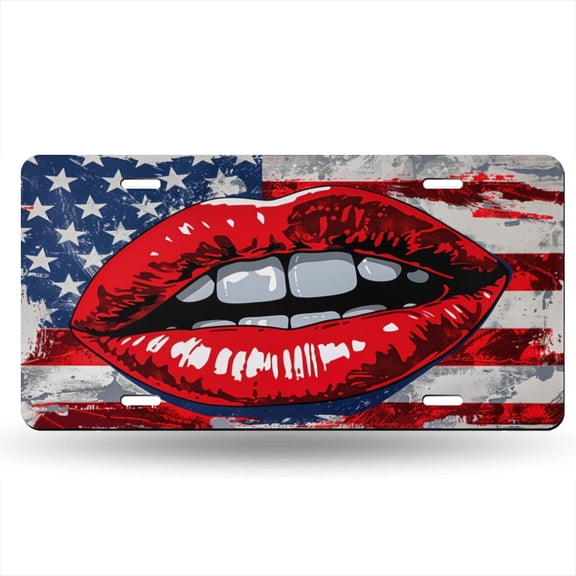 The Red Lips With Mouth Open On American Flag Decorative Signboard, Decorative Metal Plate with 4 Holes, 6x12inch Artistic Plate Frame