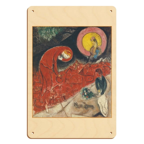 The Red Roofs - From an Original Color Painting by Marc Chagall c.1953 - 8 x 12 inch Vintage Wood Art Sign