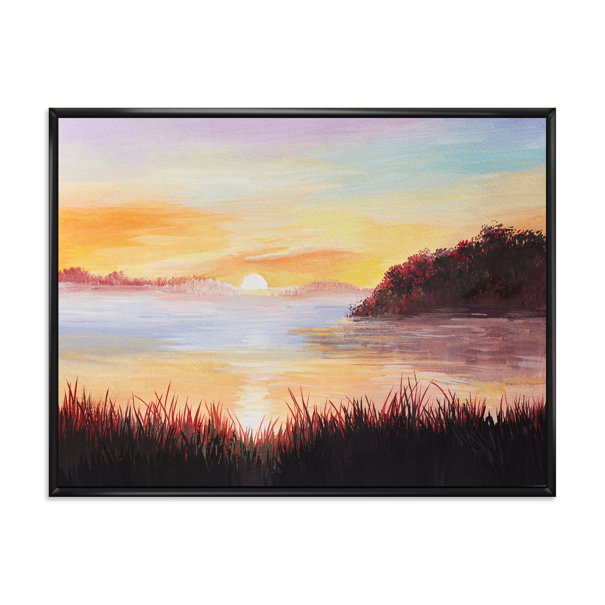The Reeds On The Lake In Evening Glow 32 in x 24 in Framed Painting Canvas Art Print, by Designart
